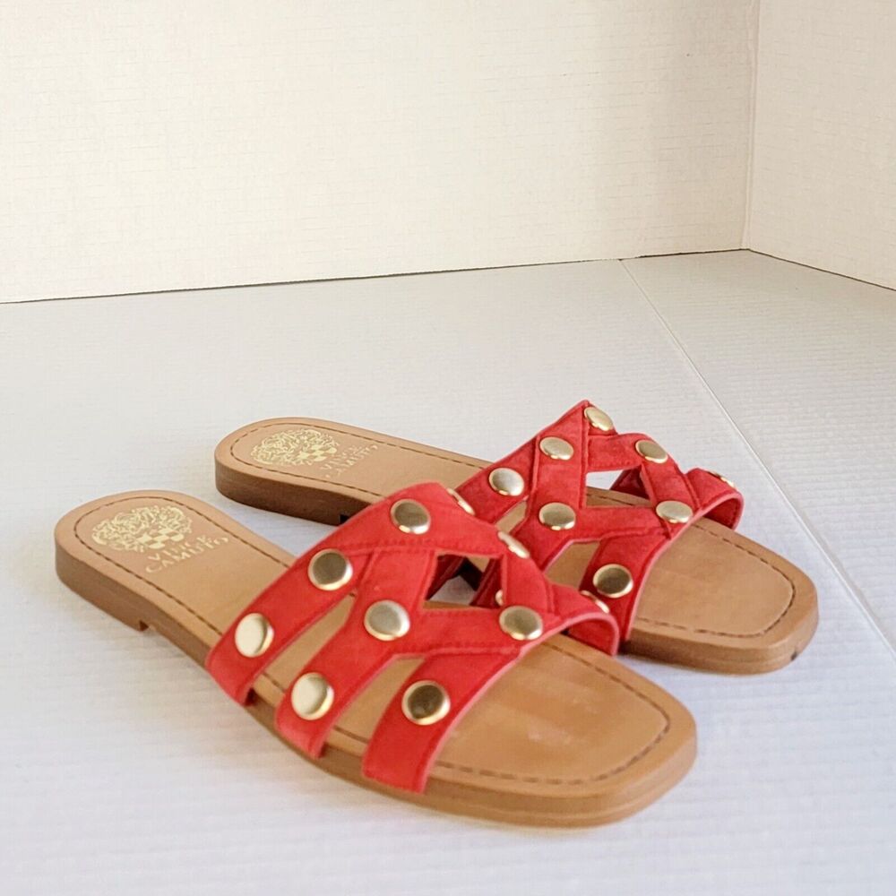 Vince Camuto Vazista  Red Leather Slip On Studded Sandals Slides Size 7 NWOB